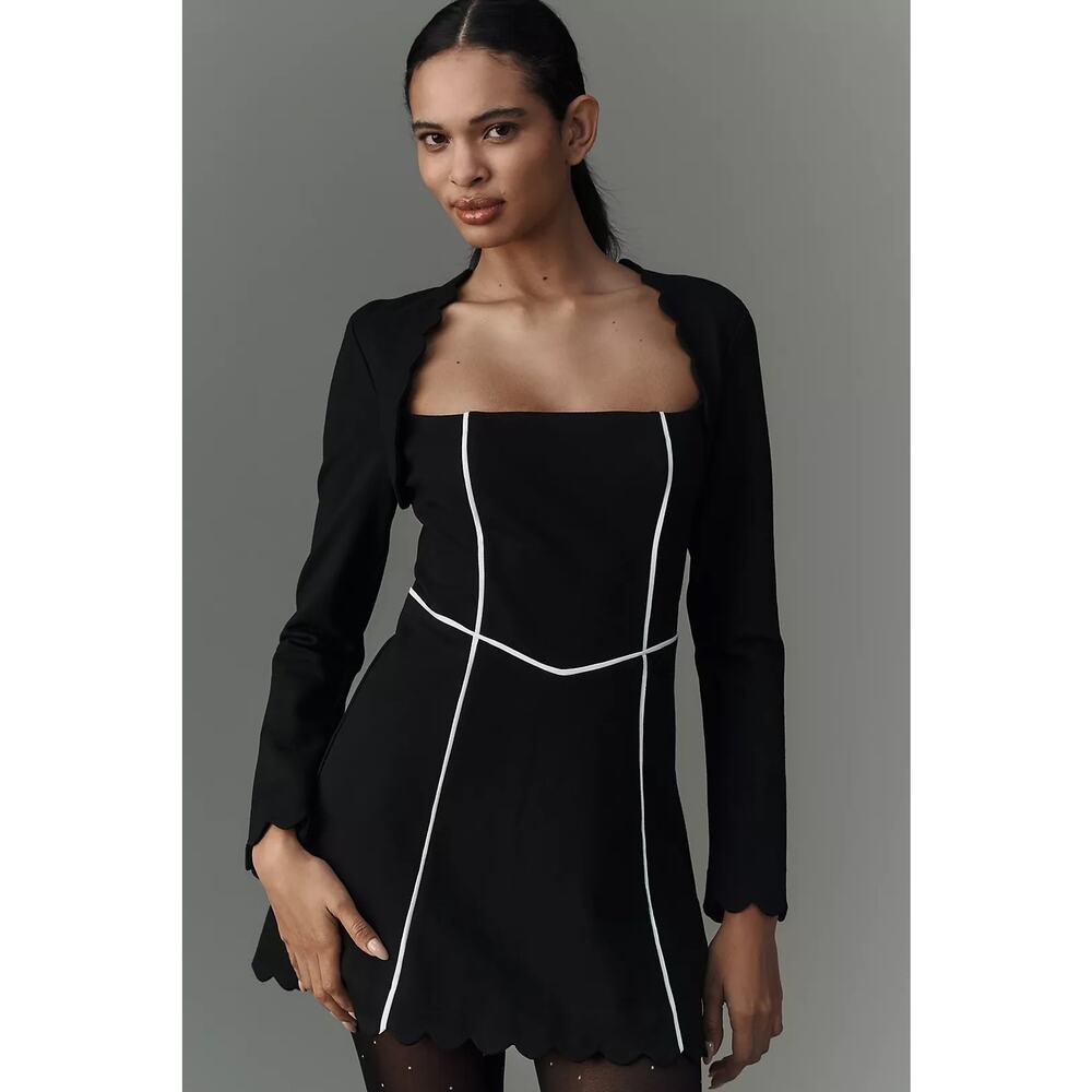 Maeve Square-Neck Scalloped Hem Long-Sleeve Mini Dress Black XL Night Out Office